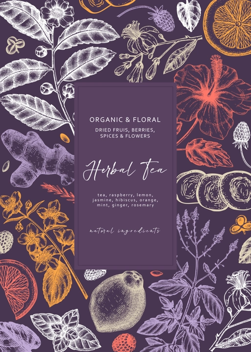 Hand sketched herbal tea ingredients banner. Vintage herbs, leaves, flowers, fruits hand drawings background. Perfect for recipe, menu, label, packaging. Herbal tea template. Botanical illustration.